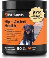 Pet Honesty Hip & Joint Supplement Chicken Flavored Glucosamine & Chondroitin with MSM, Turmeric Hip & Joint Chews for Dogs, 90 count