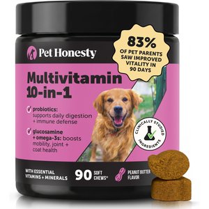 Pet Honesty Multivitamin 10-in-1 Peanut Butter Flavored Chews, Glucosamine, Omega 3 Vitamins for Dogs, 90 count