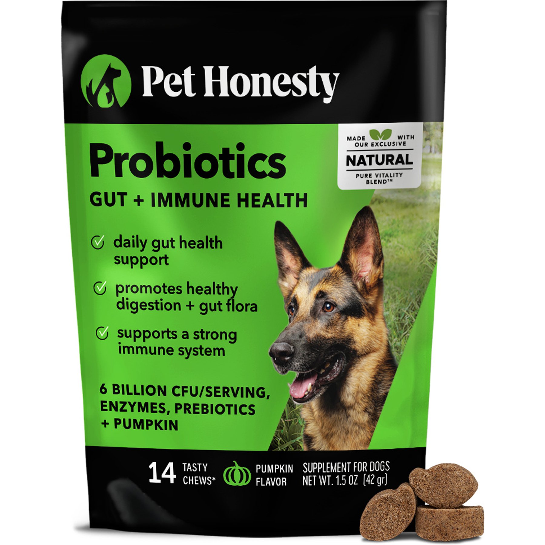 Pet Honesty Probiotics Gut + Immune Health with Prebiotics & Enzymes Pumpkin Flavored Soft Chews Digestive Supplement for Dogs, 14 count