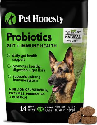 Show full view: Pet Honesty Probiotics Gut + Immune Health Pumpkin Flavored Soft Chews, Digestive Probiotic Supplement for Dogs 14 count slide 1 of 13