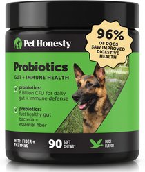 Pet Honesty Probiotics Gut + Immune Health with Prebiotics & Enzymes Duck Flavored Soft Chews Digestive Supplement for Dogs, 90 count