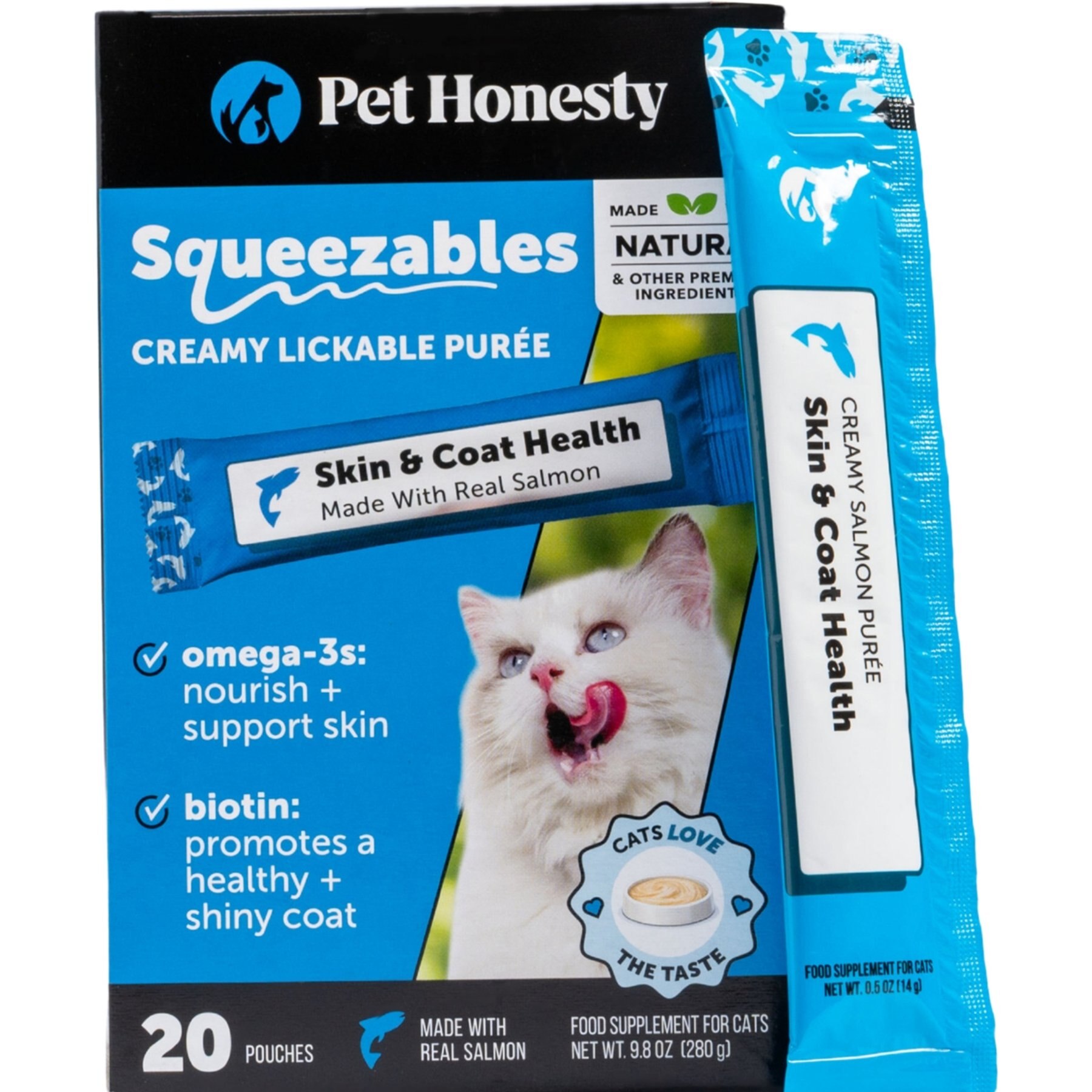 Pet Honesty Skin & Coat Health Squeezables Salmon Flavored Creamy Lickable Puree Supplement for Cats, 20 count