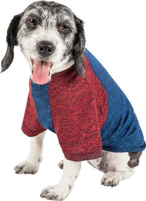 Show full view: Pet Life Active Hybreed 4-Way Stretch Two-Toned Performance Dog T-Shirt, Blue/Maroon, Small slide 2 of 10