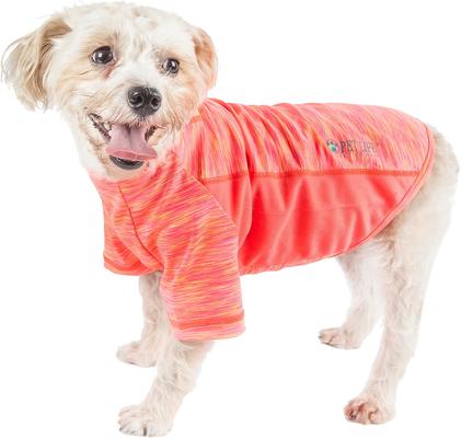 Show full view: Pet Life Active Warf Speed Heathered Ultra-Stretch Sporty Performance Dog T-Shirt, Neon Orange Heather/Pink, Large slide 1 of 9