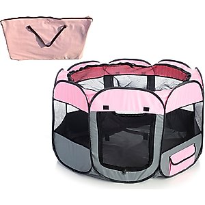 Pet Life All-Terrain Wire-Framed Collapsible Travel Dog Playpen, Pink & Grey, Large