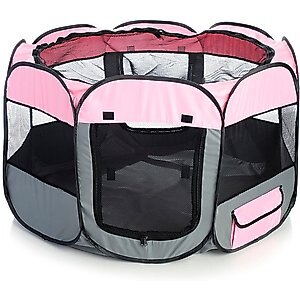 Pet Life All-Terrain Wire-Framed Collapsible Travel Dog Playpen, Pink & Grey, Large