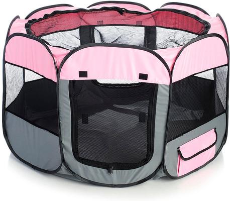 Show full view: Pet Life All-Terrain Wire-Framed Collapsible Travel Dog Playpen, Pink & Grey, Large slide 3 of 6