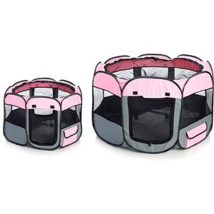 Pet Life All-Terrain Wire-Framed Collapsible Travel Dog Playpen, Pink & Grey, Medium