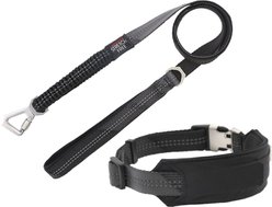 Pet Life Geo-prene 2-in-1 Shock Absorbing Neoprene Padded Reflective Dog Leash & Collar, Black, Small