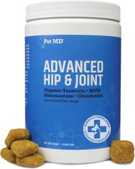 Pet MD Glucosamine, Chondroitin, MSM, Turmeric, & Yucca - Delicious Bacon Flavored Hip & Joint Dog Supplement, 120 count