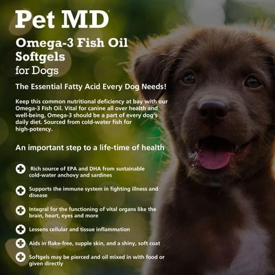 Show full view: Pet MD Omega-3 Fish Oil Softgel Dog Supplement, 180 count slide 3 of 7