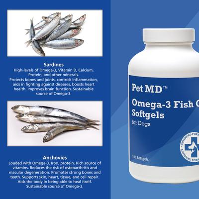 Show full view: Pet MD Omega-3 Fish Oil Softgel Dog Supplement, 180 count slide 5 of 7