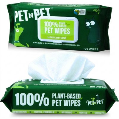 PET N PET PET N PET 100% Plant Based Hypoallergenic Dog & Cat Grooming Wipes, 100 count