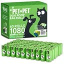 PET N PET Plant Based Dog Poop Bags, Refill Rolls, Unscented, Green, 1080 count