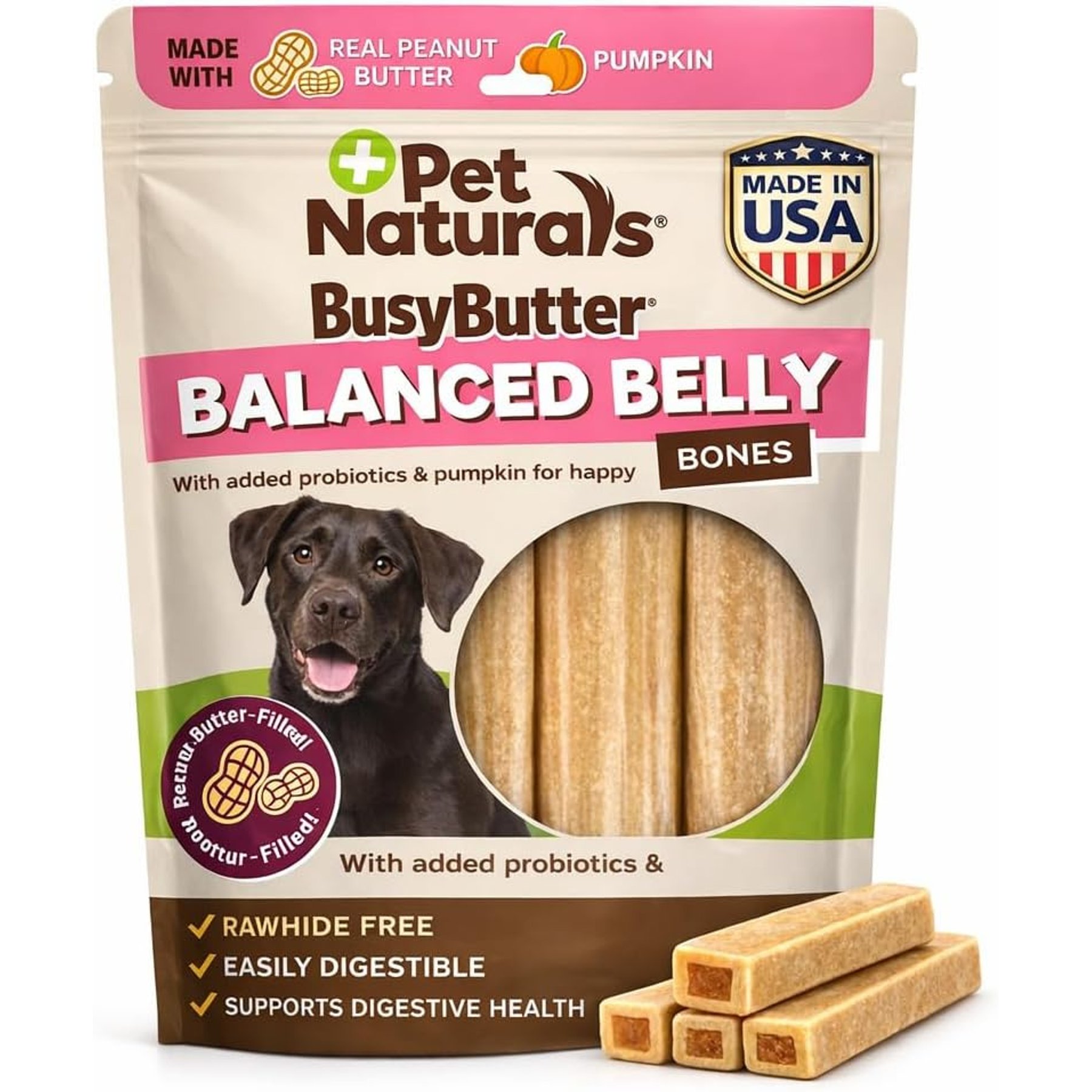 Pet Naturals BusyButter Balanced Belly Pumpkin & Probiotic Peanut Butter Flavored Dog Chews, Medium/Large, 4 count