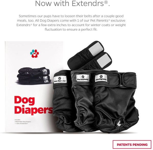 Show full view: Pet Parents Washable Male & Female Dog Diapers + Extendrs, Black, X-Small: 4 to 10-in waist, 3 count slide 2 of 10