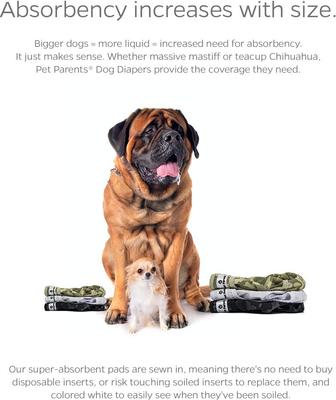 Show full view: Pet Parents Washable Male & Female Dog Diapers + Extendrs, Camo, Small: 9 to 15-in waist, 3 count slide 4 of 11