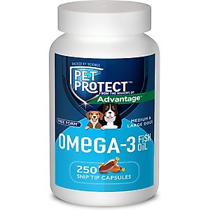 Pet Protect Free Form Omega-3 Fish Oil Snip Tip Capsule Supplements for Medium & Large Dogs, 250 count