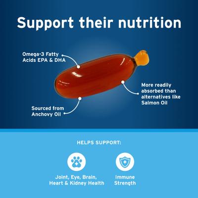 Show full view: Pet Protect Free Form Omega-3 Fish Oil Snip Tip Capsule Supplements for Medium & Large Dogs, 250 count slide 6 of 12