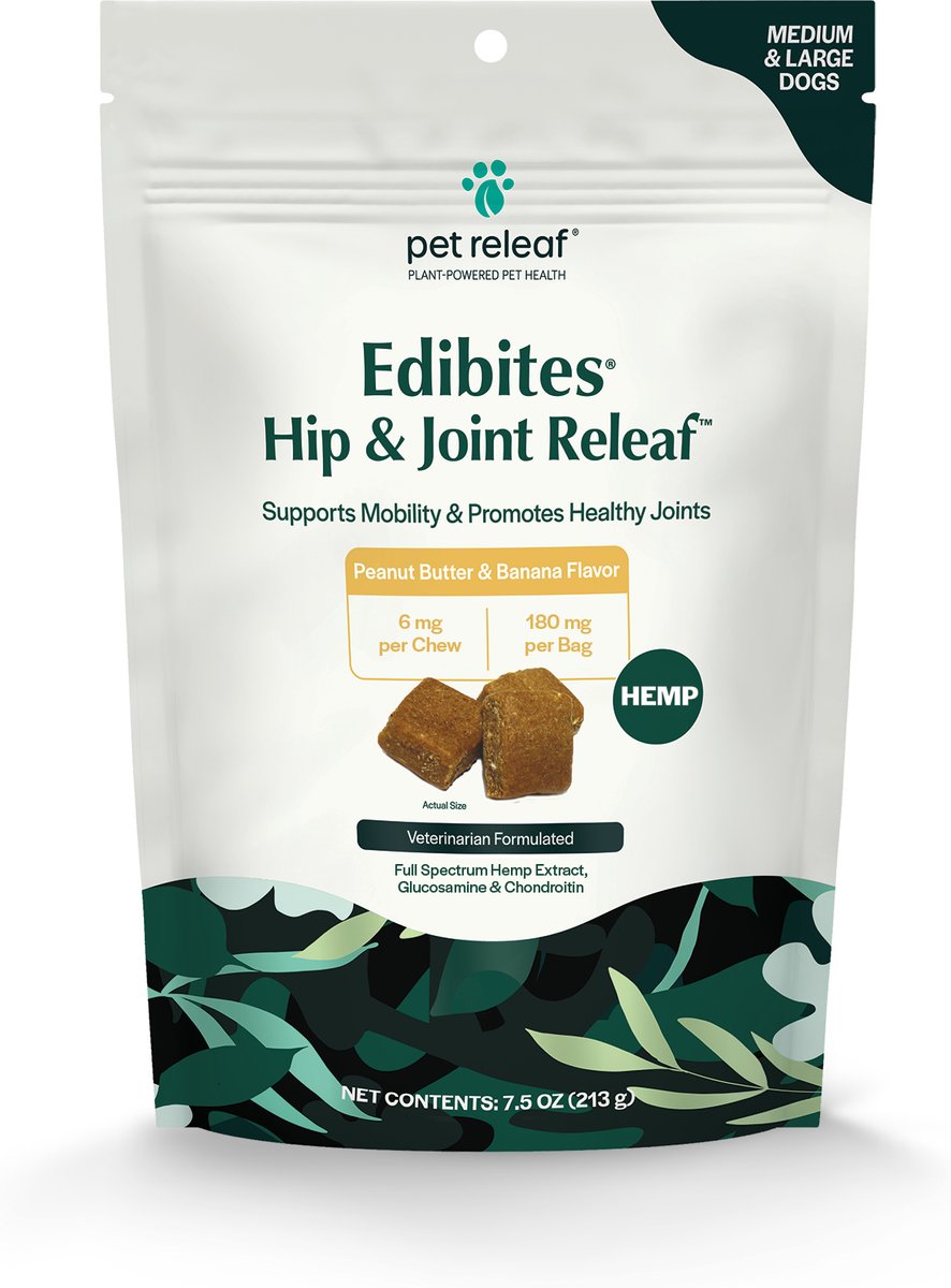 Pet Releaf Edibites Hip & Joint Releaf Organic Peanut Butter & Banana Flavored Chew Full Spectrum Hemp Extract Hip & Joint Health Supplement for Dogs