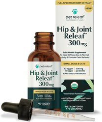 Pet Releaf Hip & Joint Releaf Organic Full Spectrum Hemp Extract Oil & Devils Claw Liquid Hip & Joint Health Supplement for Small Dogs & Cats, 1-fl oz bottle