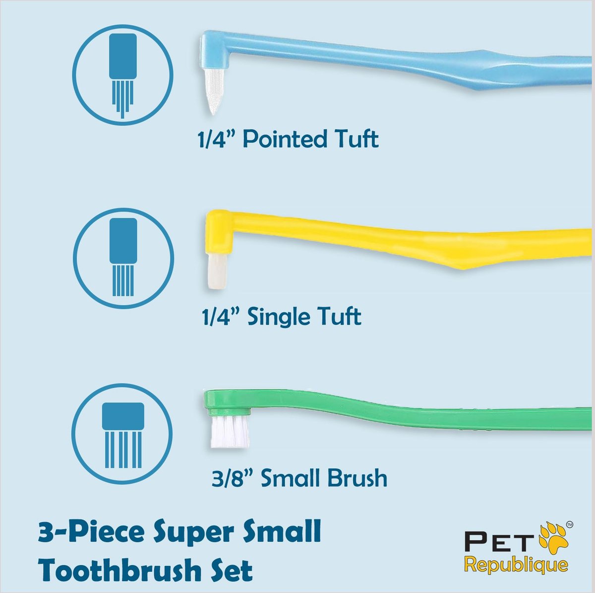 Pet Republique Super Small Handle 1/4-in Pointed Brush, 1/4-in Flat Brush, 3/8-in Regular Brush Toothbrush Kit for Dogs & Cats, 3 count