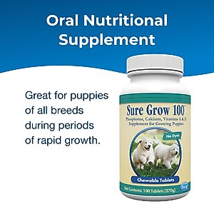 PetAg Sure Grow 100 Calcium & Phosphorus Chewable Supplement Tablets for Puppies 8 Weeks & Older, 100 count