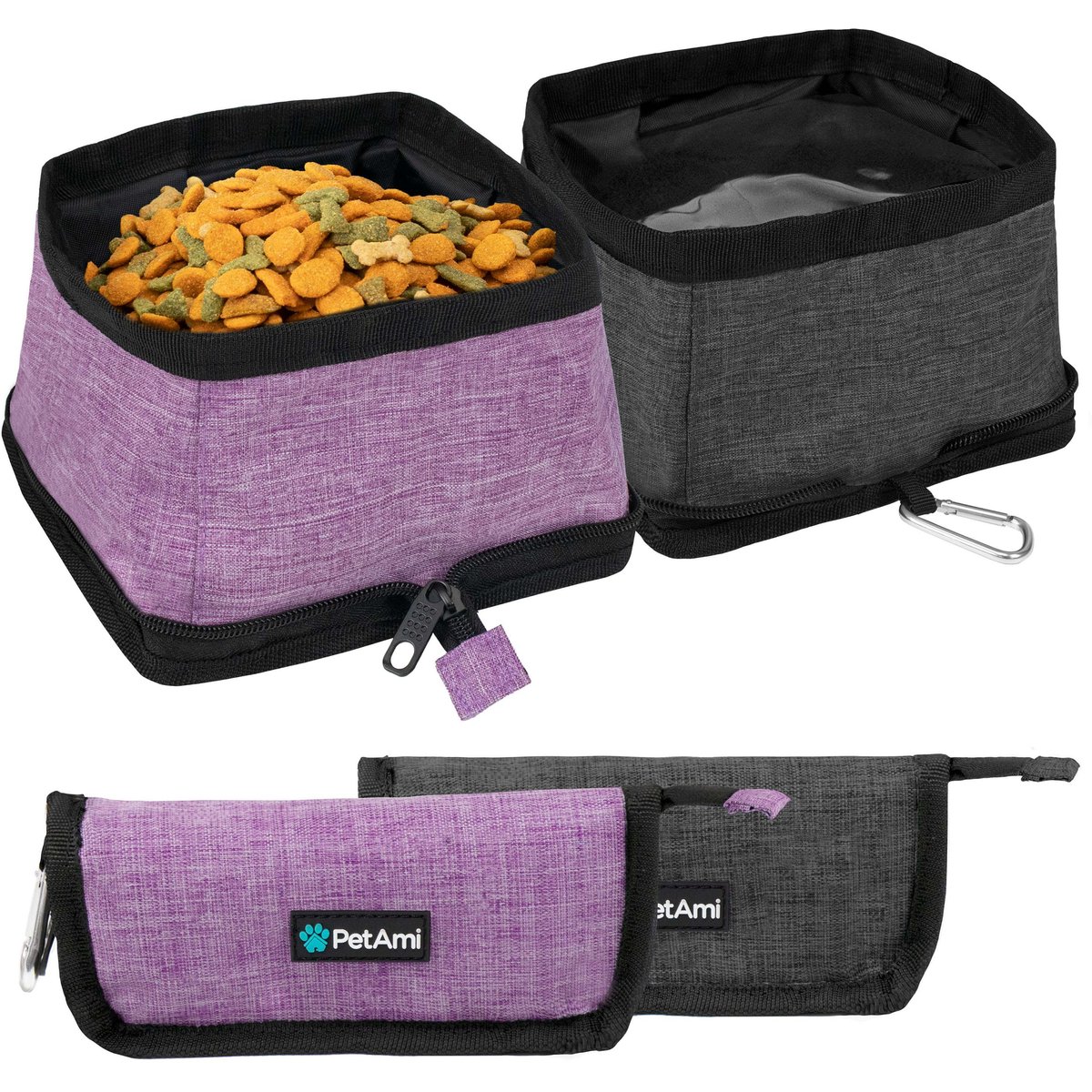 PetAmi Collapsible Polyester Dog & Cat Bowl, 2 count, Purple, 14-cup