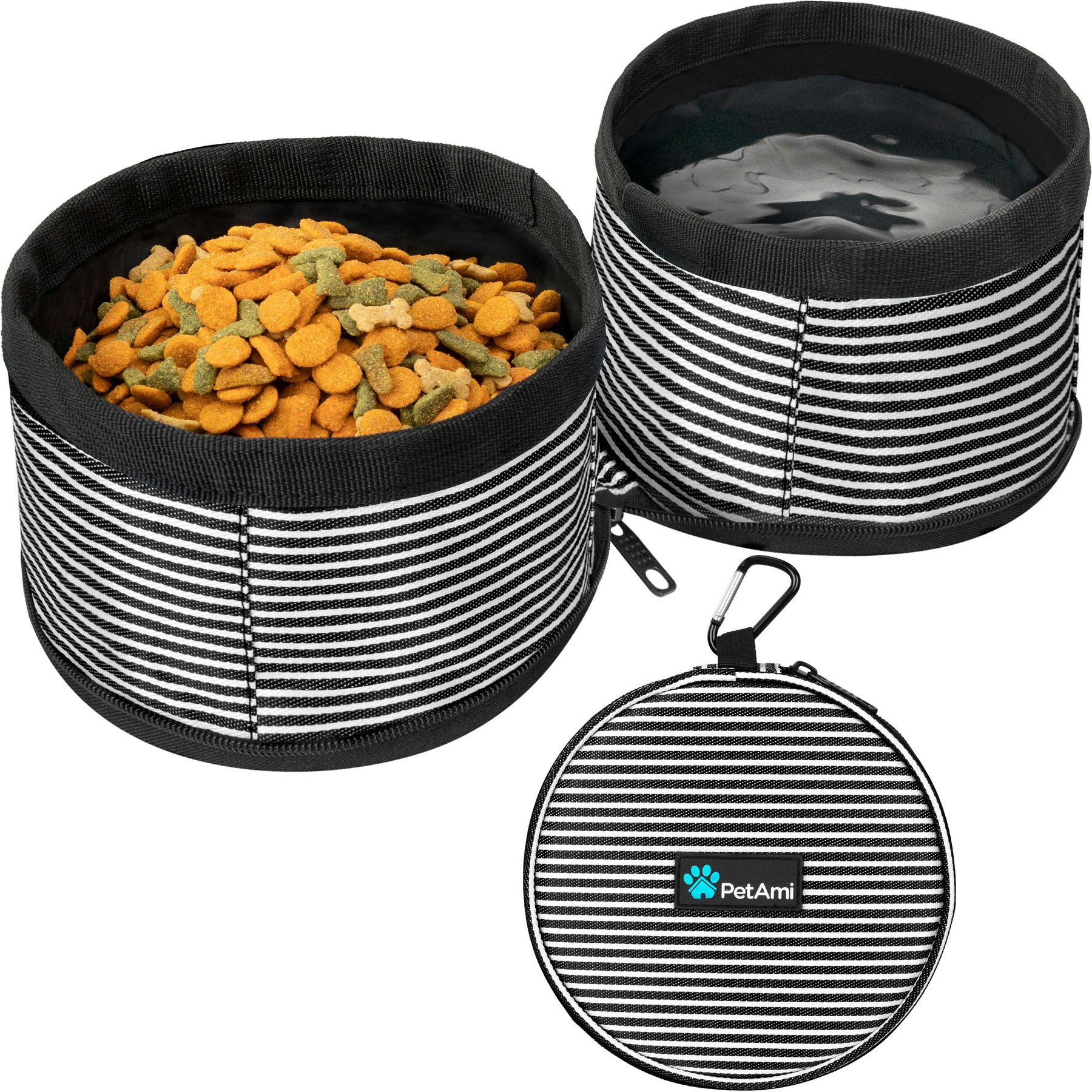 PetAmi Collapsible Polyester Dog & Cat Bowl, 2 count, Stripe Black, 8.5-cup