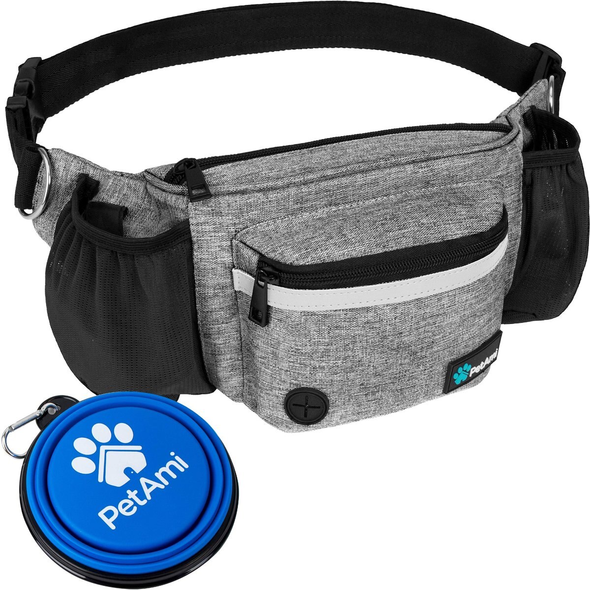 PetAmi Dog & Cat Fanny Pack with Travel Bowl, Heather Grey