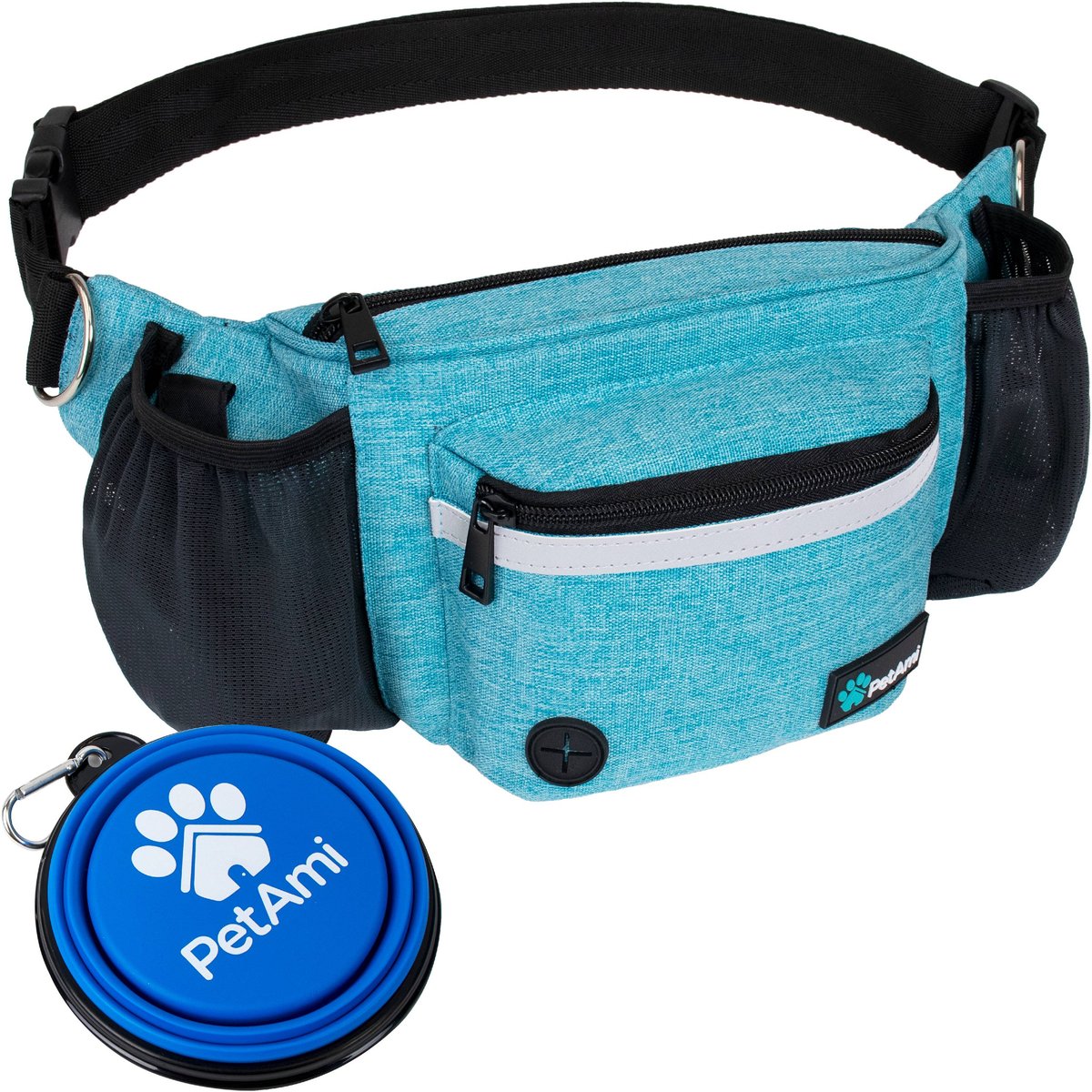 PetAmi Dog & Cat Fanny Pack with Travel Bowl, Sea Blue
