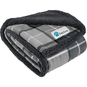 PetAmi Sherpa Cat & Dog Blanket, Plaid Charcoal Grey, 60 x 40-in