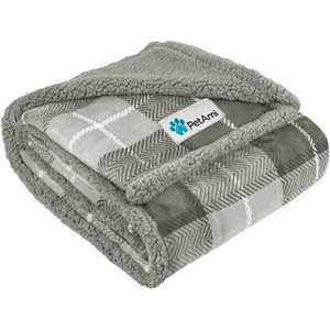 PetAmi Sherpa Cat & Dog Blanket, Plaid Light Grey, 60 x 40-in