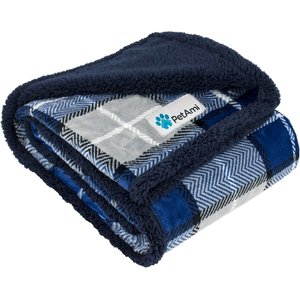 PetAmi Sherpa Cat & Dog Blanket, Plaid Navy, 60 x 40-in