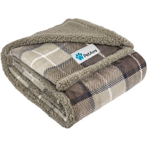 PetAmi Sherpa Cat & Dog Blanket, Plaid Taupe, 60 x 80-in