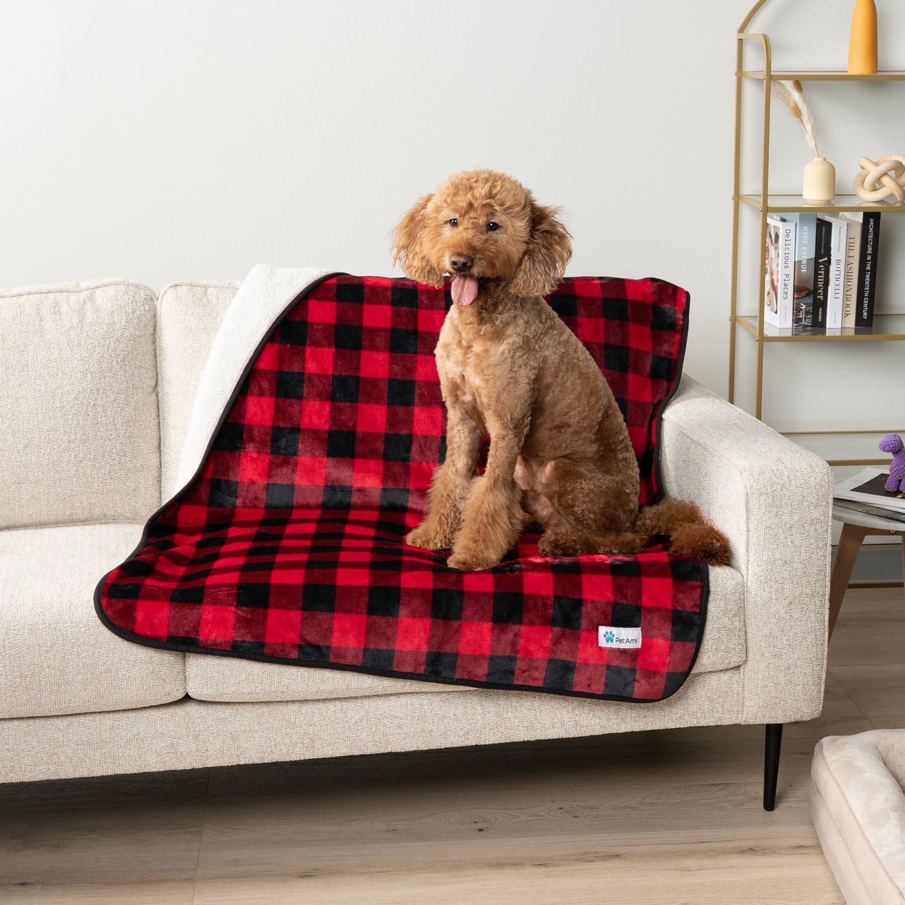 PetAmi Sherpa Fleece Waterproof Cat & Dog Blanket, Checkered Red, X-Large