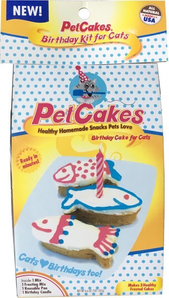 PetCakes Turkey Flavor Microwavable Birthday Cake Mix Kit with Fish Shaped Pan Cat Treats, 5-oz bag