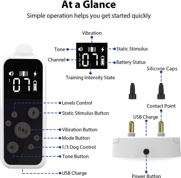 Petdiary T250 Static Rechargeable Remote Dog Training Collar, White & Black, Small