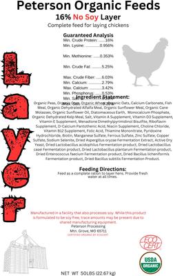 Show full view: Peterson Organic Feeds 16% Protein No Soy Layer Chicken Feed, 50-lb bag slide 3 of 4