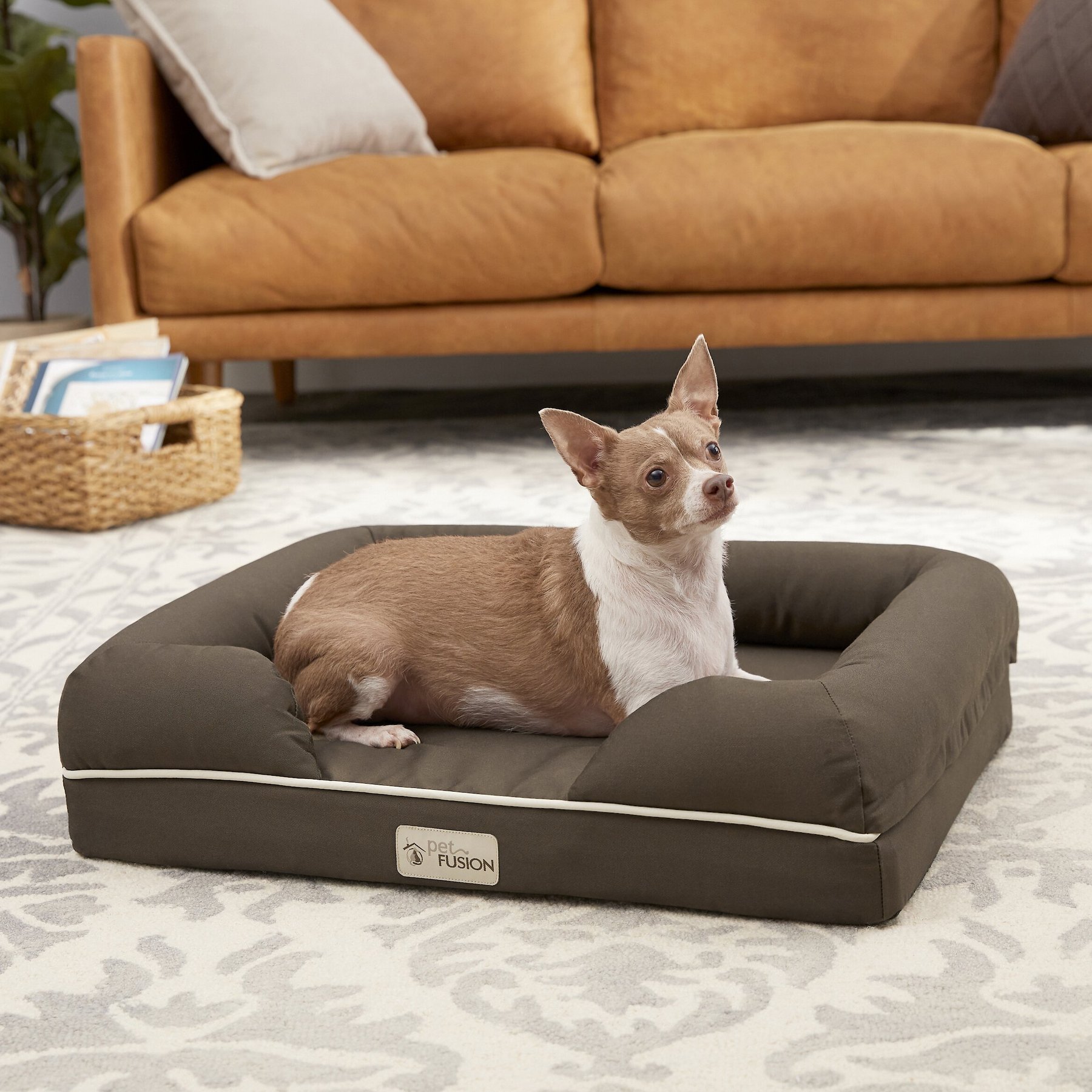 PetFusion Ultimate Lounge Memory Foam Bolster Cat & Dog Bed with Removable Cover, Brown, Small