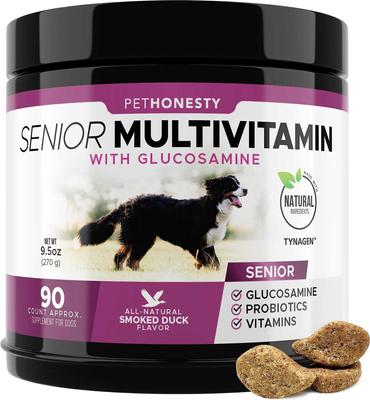 Show full view: PetHonesty Duck Flavored Soft Chews Multivitamin for Senior Dogs + Blue Buffalo Homestyle Recipe Senior Chicken Dinner with Garden Vegetables Canned Food slide 2 of 9