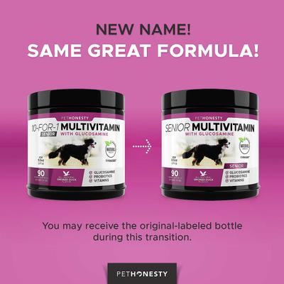 Show full view: PetHonesty Duck Flavored Soft Chews Multivitamin for Senior Dogs + Blue Buffalo Homestyle Recipe Senior Chicken Dinner with Garden Vegetables Canned Food slide 3 of 9