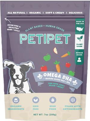 Show full view: PETIPET Omega DHA Bites with Marine Algae DHA + EPA Apple & Carrot Flavored Soft Chew Brain & Heart Health Supplement for Dogs, 7-oz bag slide 1 of 9