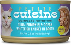 Petite Cuisine Tuna, Pumpkin & Ocean Whitefish Entrée in Broth Grain-Free Wet Cat Food, 2.8-oz can, case of 24