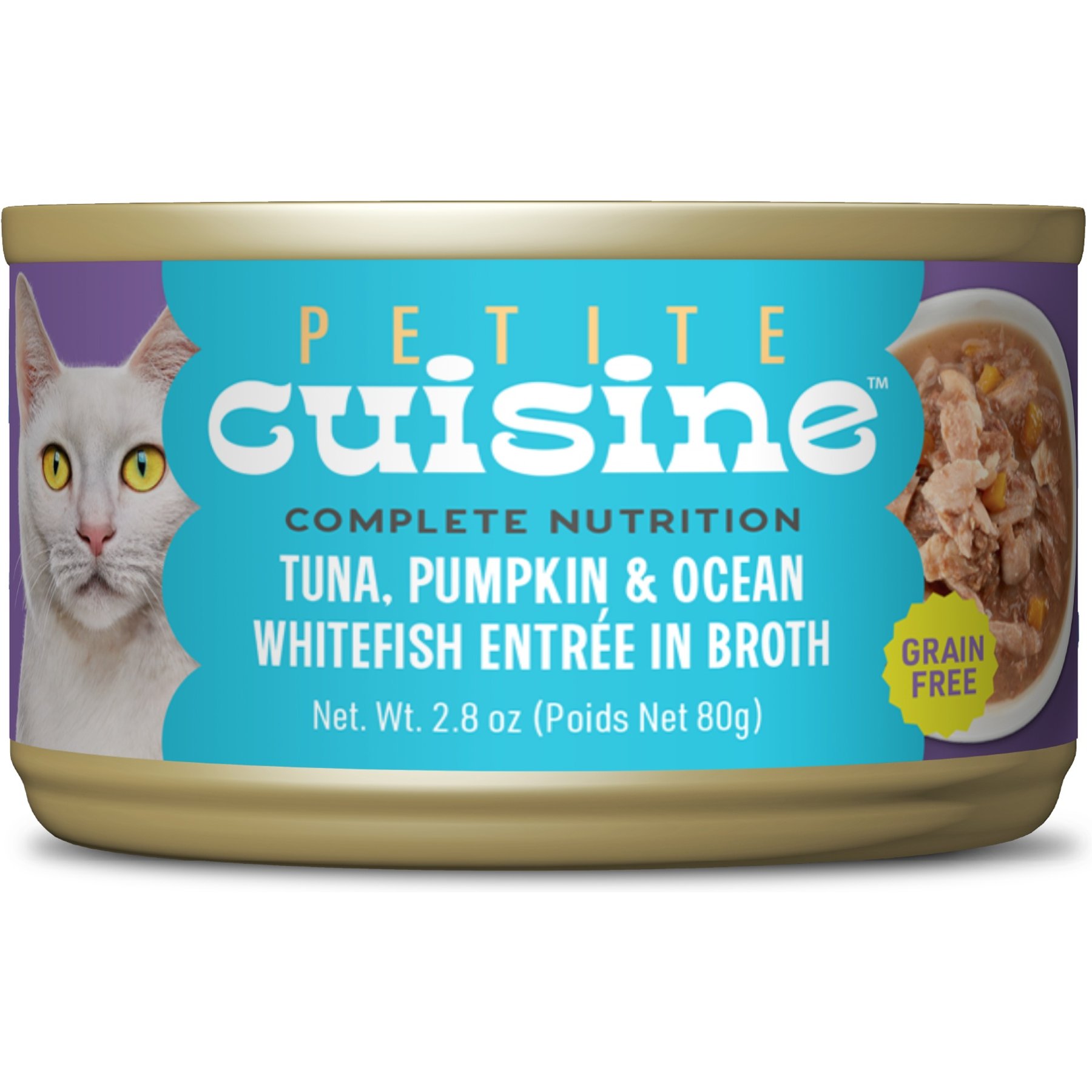 Petite Cuisine Tuna, Pumpkin & Ocean Whitefish Entrée in Broth Grain-Free Wet Cat Food, 2.8-oz can, case of 24