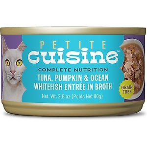 Petite Cuisine Tuna, Pumpkin & Ocean Whitefish Entrée in Broth Grain-Free Wet Cat Food, 2.8-oz can, case of 24