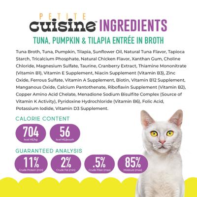 Show full view: Petite Cuisine Tuna, Pumpkin & Tilapia Entrée in Broth Grain-Free Wet Cat Food, 2.8-oz can, case of 24 slide 3 of 9