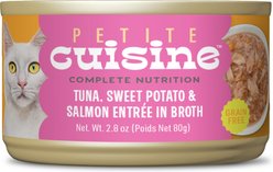 Petite Cuisine Tuna, Sweet Potato & Salmon Entrée in Broth Grain-Free Wet Cat Food, 2.8-oz can, case of 24
