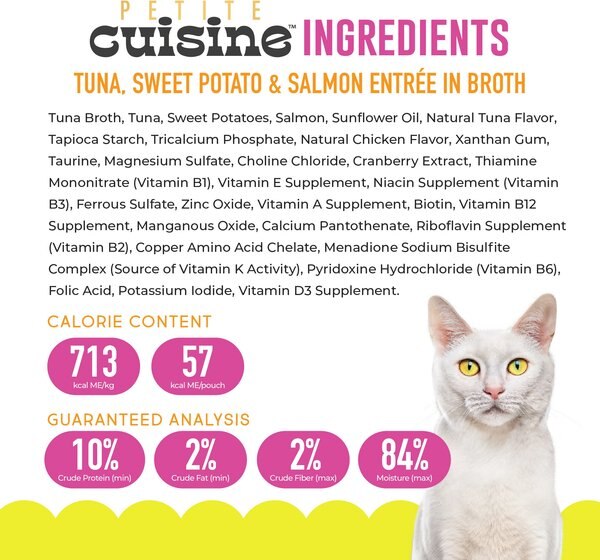 Petite Cuisine Tuna, Sweet Potato & Salmon Entrée in Broth Grain-Free Wet Cat Food, 2.8-oz can, case of 24