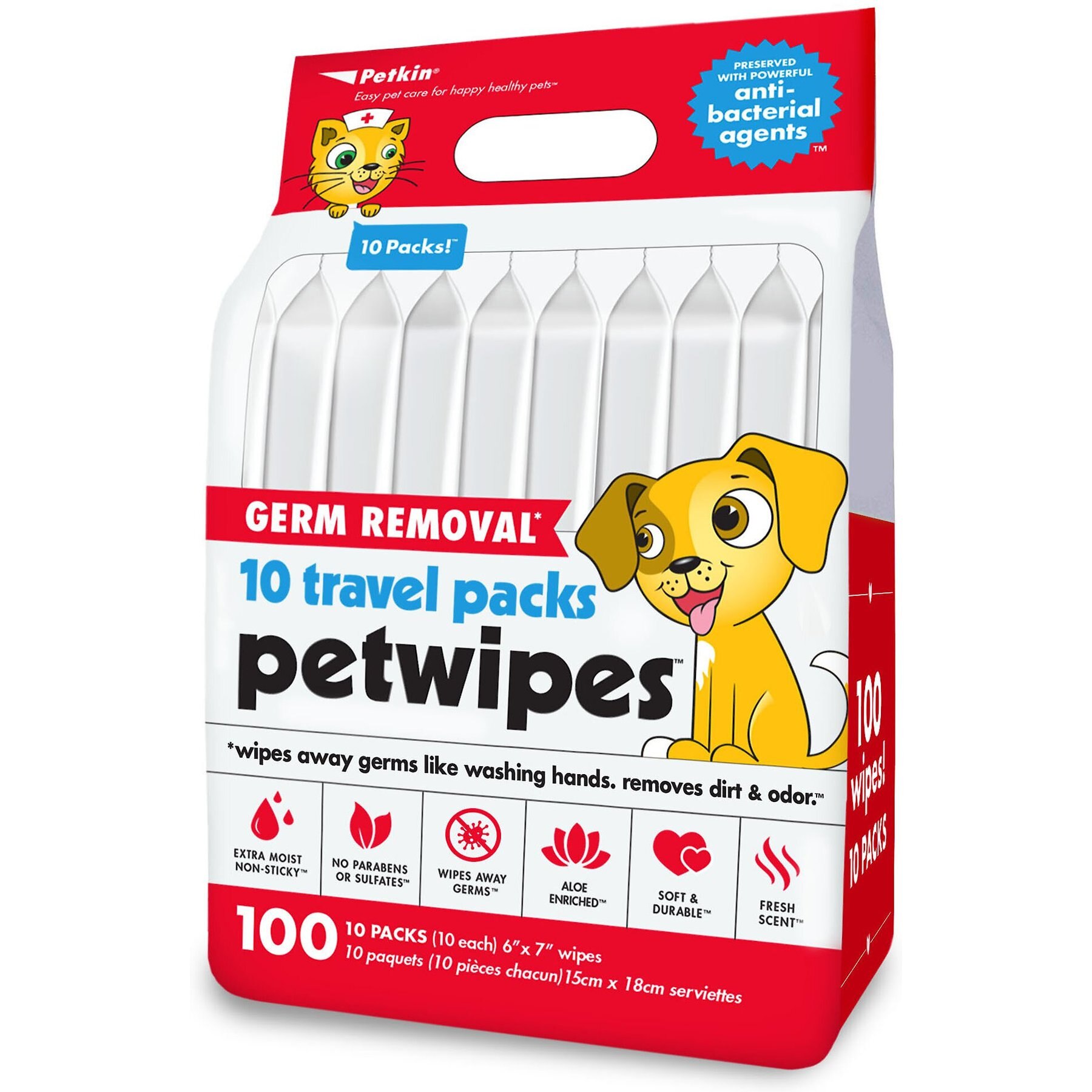 Petkin Germ Removal Travel Pack Vanilla Scented Dog & Cat Wipes, 100 count